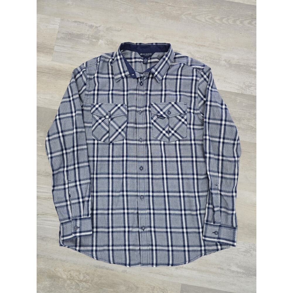 Rocawear Shirt Mens XL Navy Plaid Long Sleeve Button Up Casual Cotton Streetwear